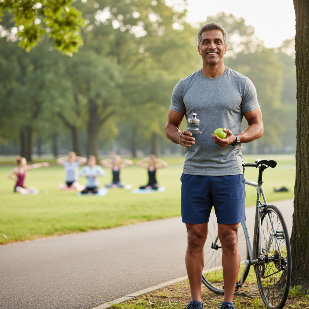 Pria sehat paruh baya yang aktif dalam gaya hidup seimbang